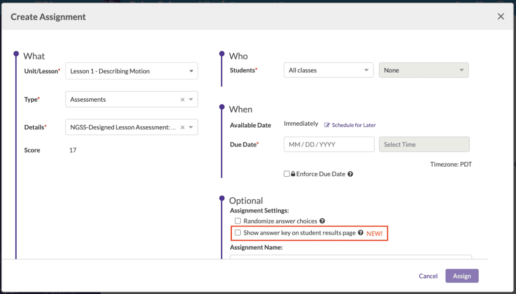 TCI assignment pop up with red box over new assignment setting